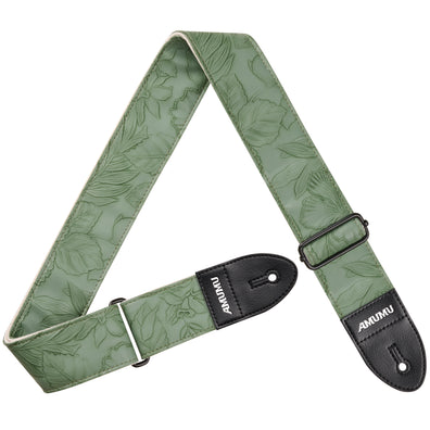 AMUMU Embossed Leaf Green Guitar Strap β Light Green Vegan Leather with Double-Layer Vegan Leather Ends VG01EB-LG-V
